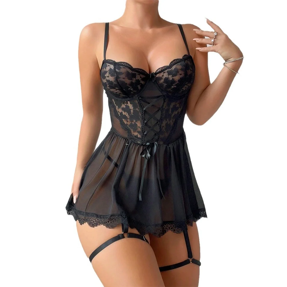 Sexy Lingerie Lace Perspective Seductive Nightgown, Thong Two-piece Set