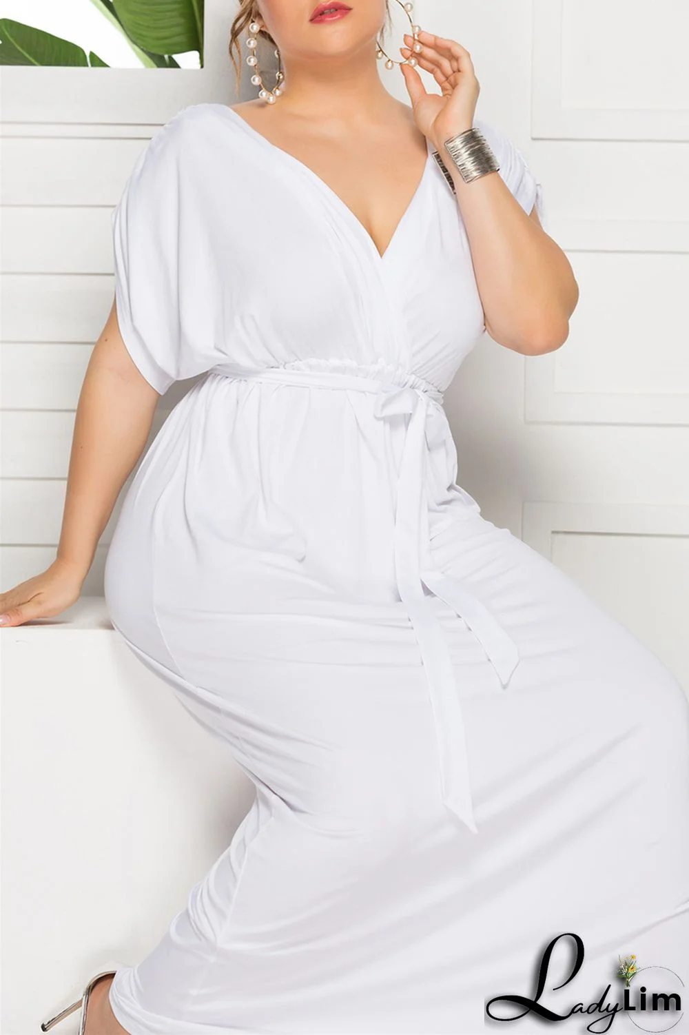 Burgundy Fashion Casual Plus Size Solid Split Joint V Neck Long Dress