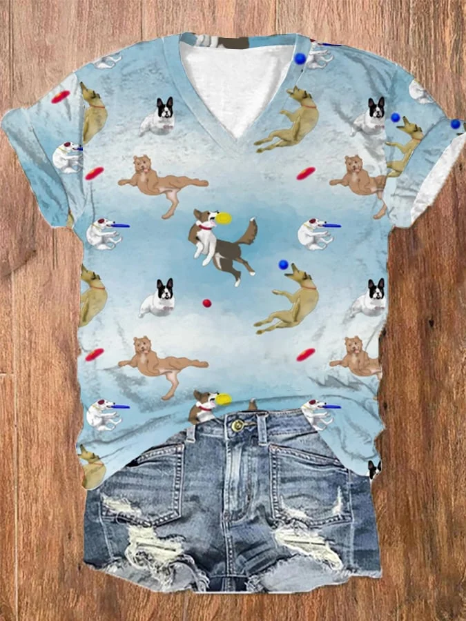 Women's Funny Dog Frisbee Print V-Neck T-Shirt