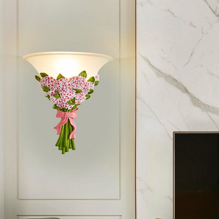 1-Head Frosted Glass Sconce Light Modern White Tapered Wall Lamp with Yellow/Pink Gypsophila Bouquet Element