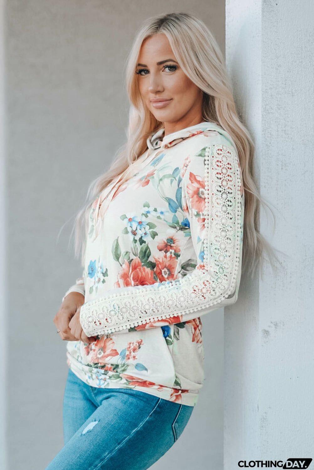 Apricot Floral Print Lace Contrast Long Sleeve Hoodie