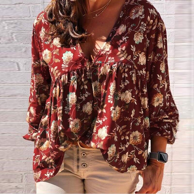 New Autumn Fashion Wild V-neck Women Loose Casual Long-Sleeved Printing Top