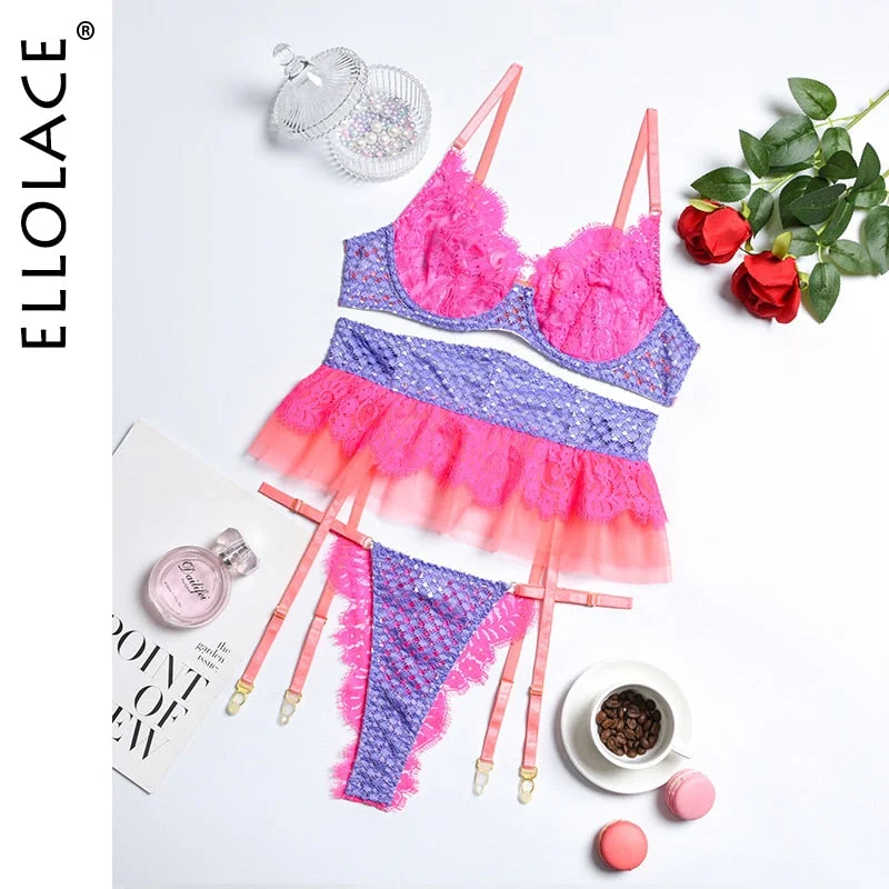 Ellolace 3-Piece Sets Luxury Kiss Lingerie Erotic Sexy Ruffled Delicate Underwear Lace Patchwork Underwire Bra Garters Intimate