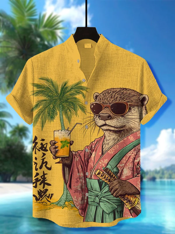 Men's Otter Holding A Mojito Wearing A Samurai Costume Print Short Sleeve Shirt