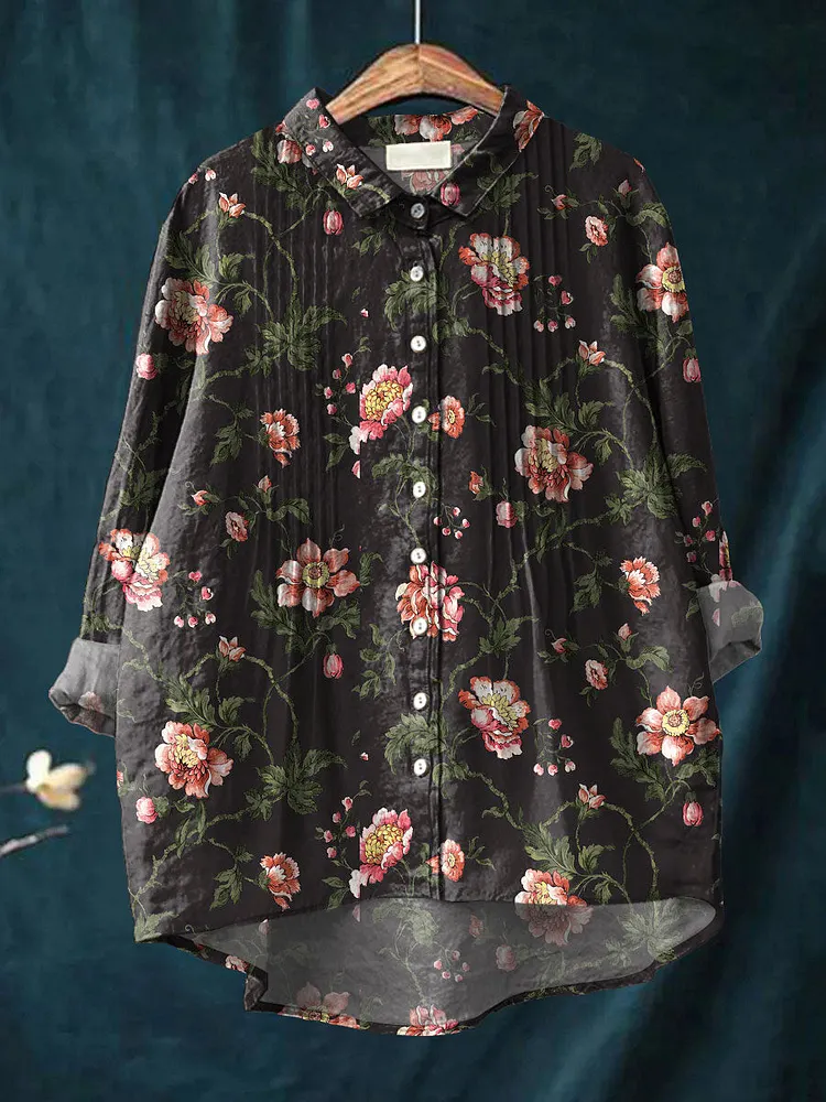 Women's Vintage Floral Art Print Casual Cotton And Linen Ruffle Shirt