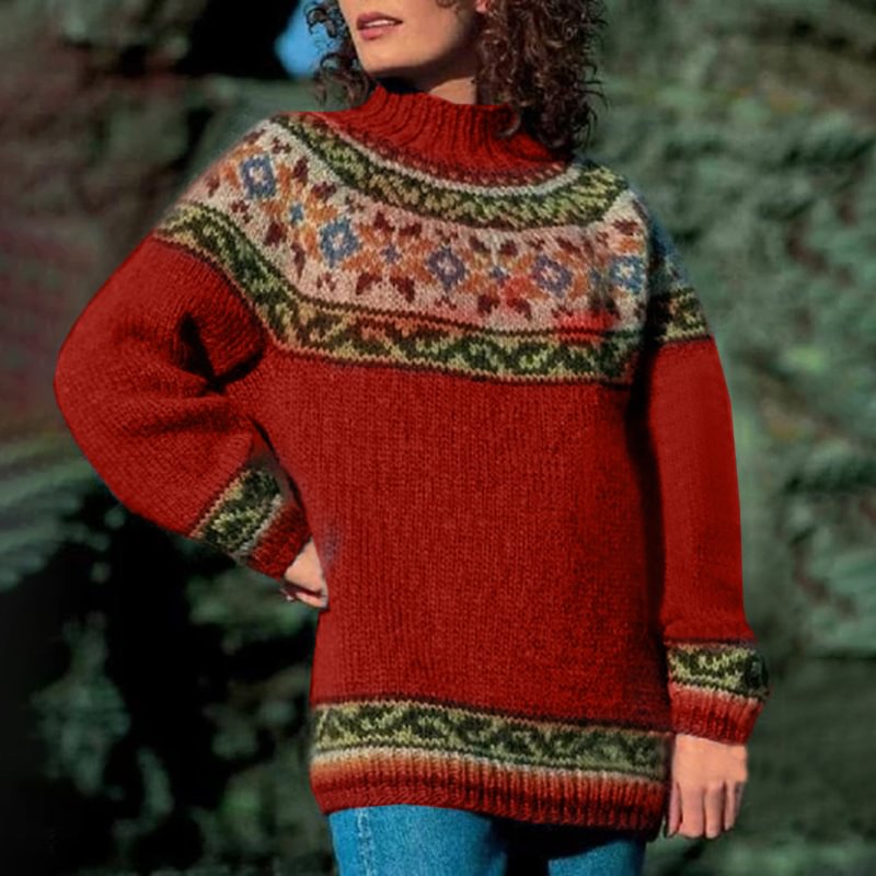 Vintage Turtleneck Long Sleeve Jacquard Sweater