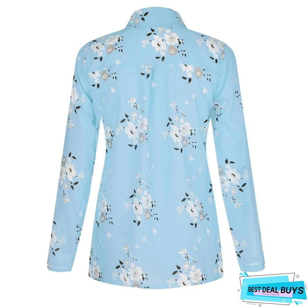Women Floral Print Long Sleeve Turn Down Collar Blouse Shirts Plus Size