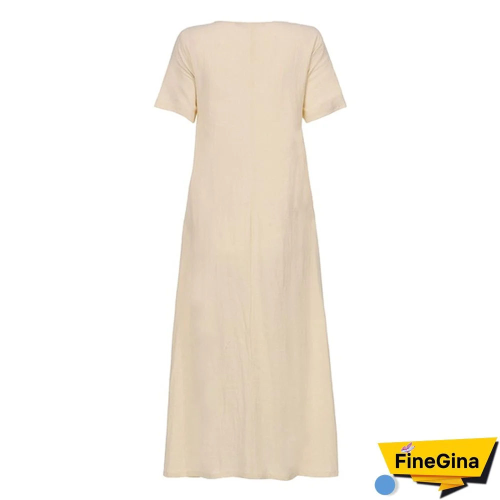 Women V Neck Short Sleeve Dress With Pockets Dress Summer Dress Loose Mid-calf Dress