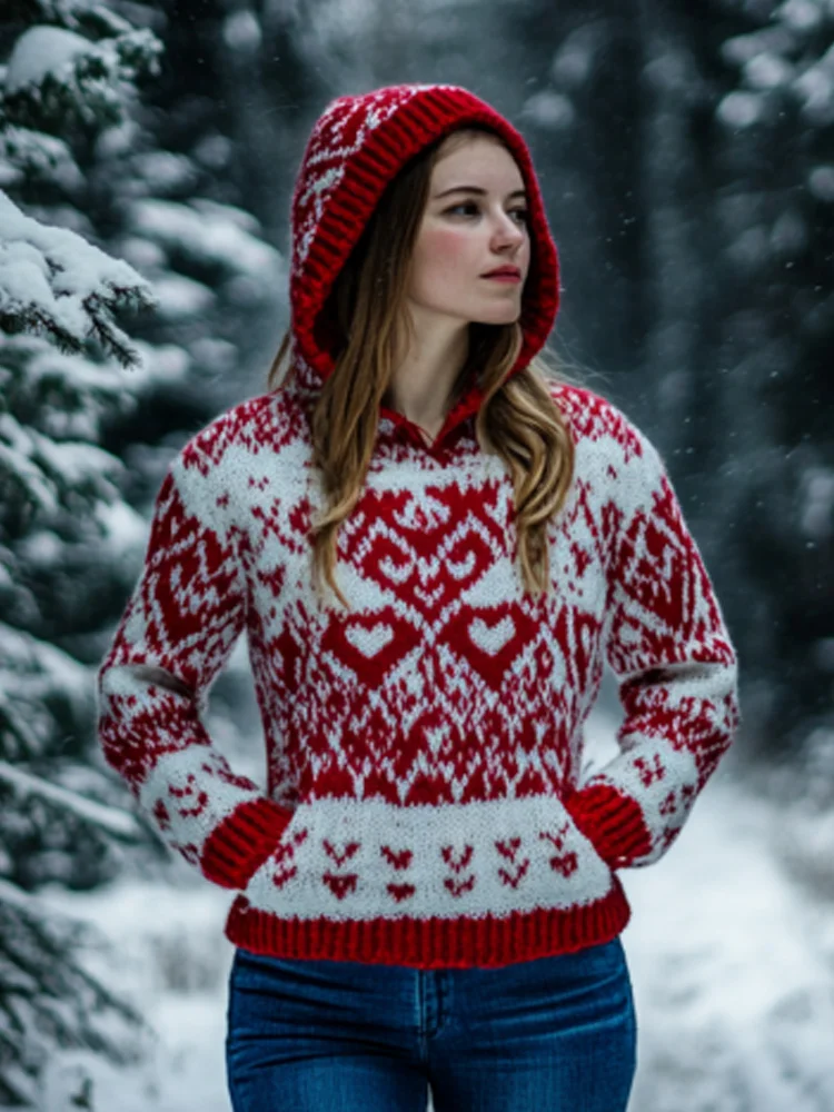 Women's Vintage Viking Valentine's Day Love Jacquard Hooded Sweater