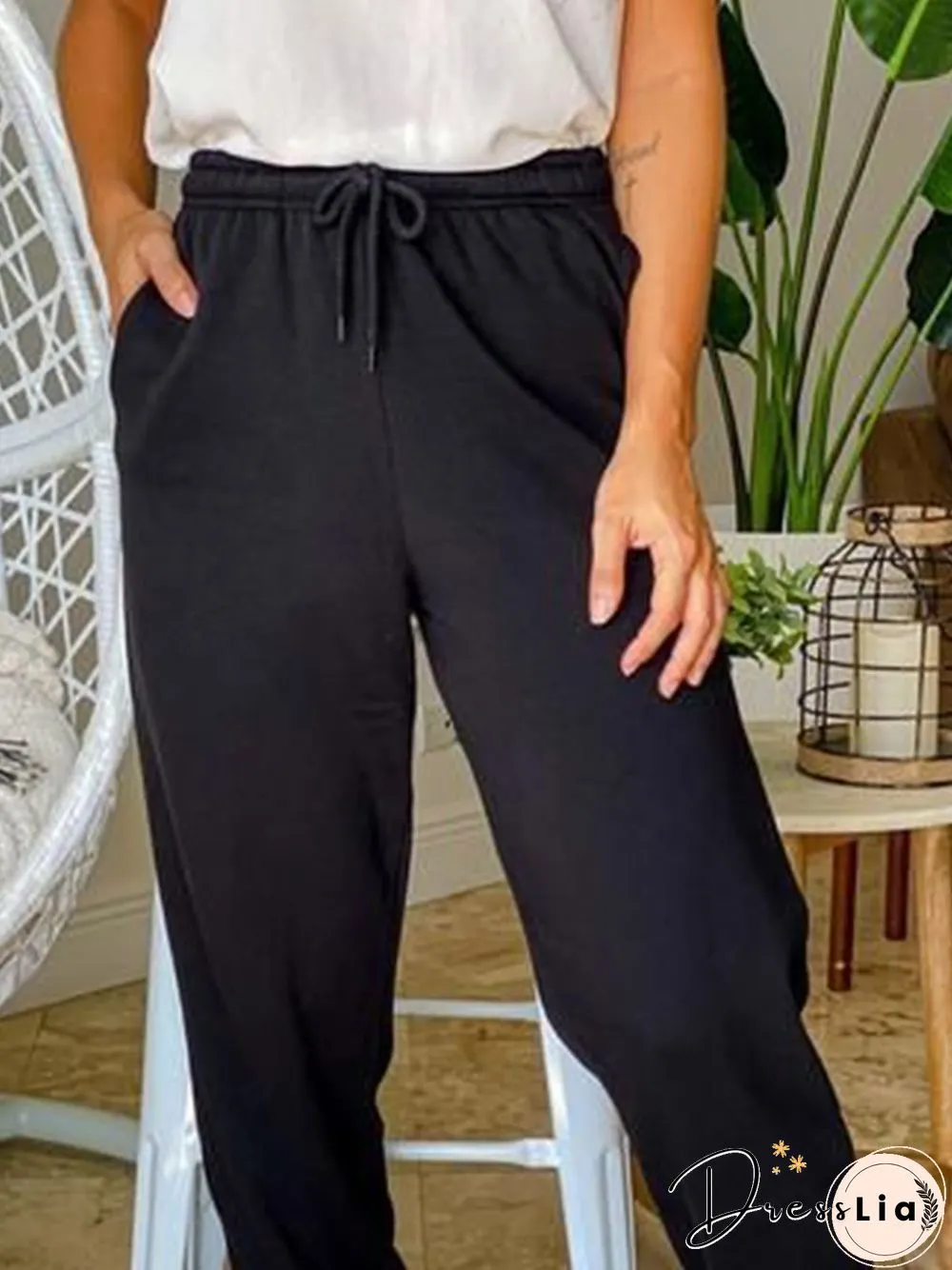 Casual Plain Elastic Waist Pockets Loose Sweatpants
