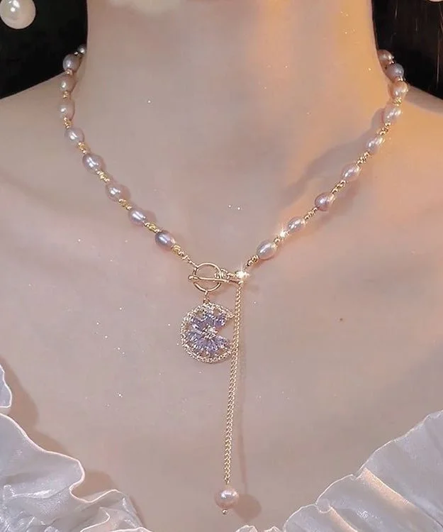 Chic light Purple Copper Overgild Pearl Tassel Pendant Necklace