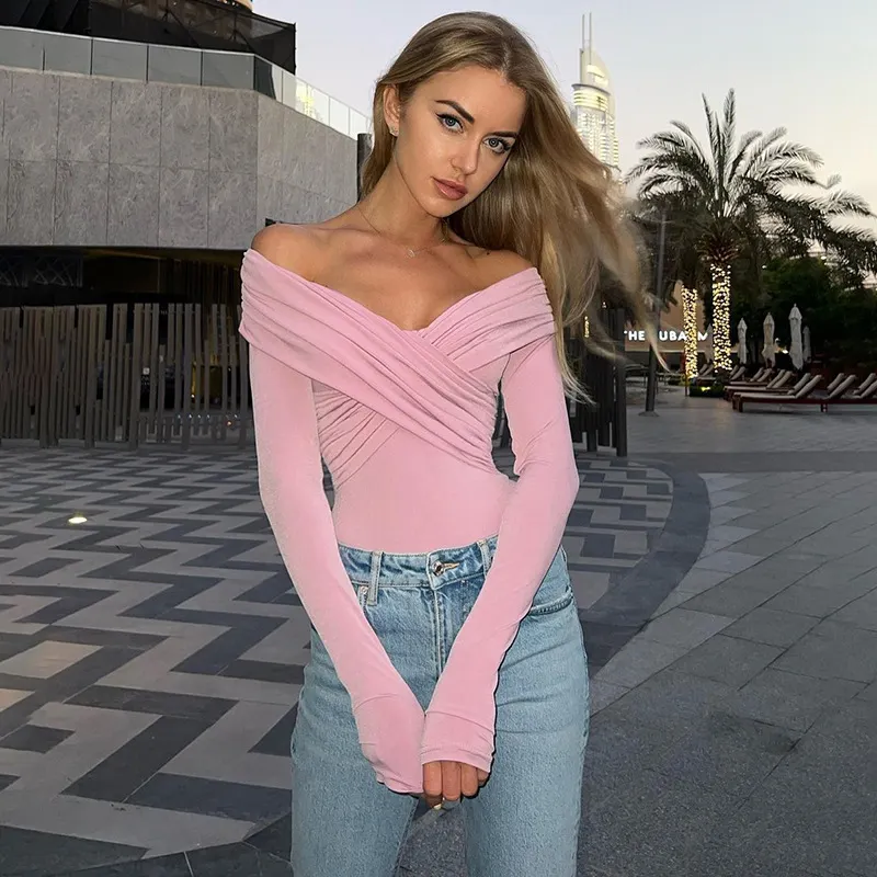 Uveng Uveng Spring Autumn New Temperament Fashion V Collar Off-Shoulder Splicing Long Sleeve Slim Joker Jumpsuit