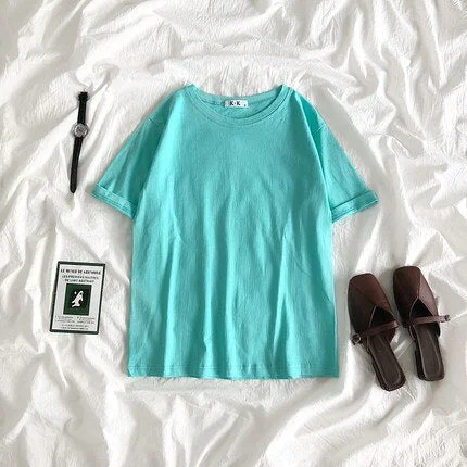 Summer Tee Shirt Solid Color Basic T-Shirt Women Casual O-neck Harajuku Top Korean Hipster Cotton Basic Tshirt