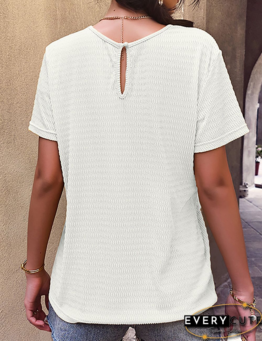 White Splicing Lace Knit Jaquard Short Sleeve Tops