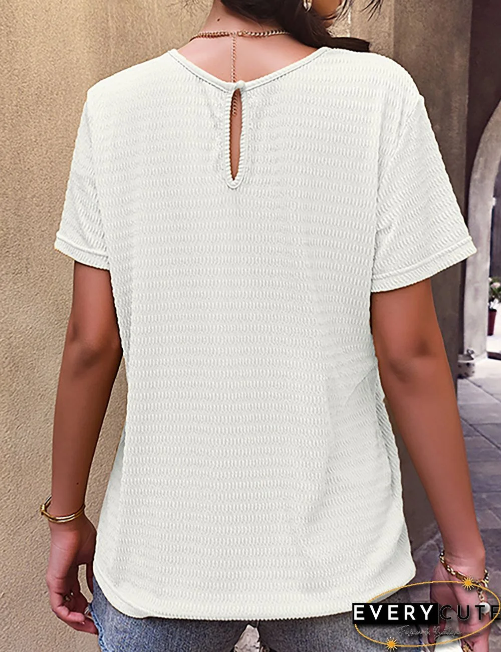 White Splicing Lace Knit Jaquard Short Sleeve Tops