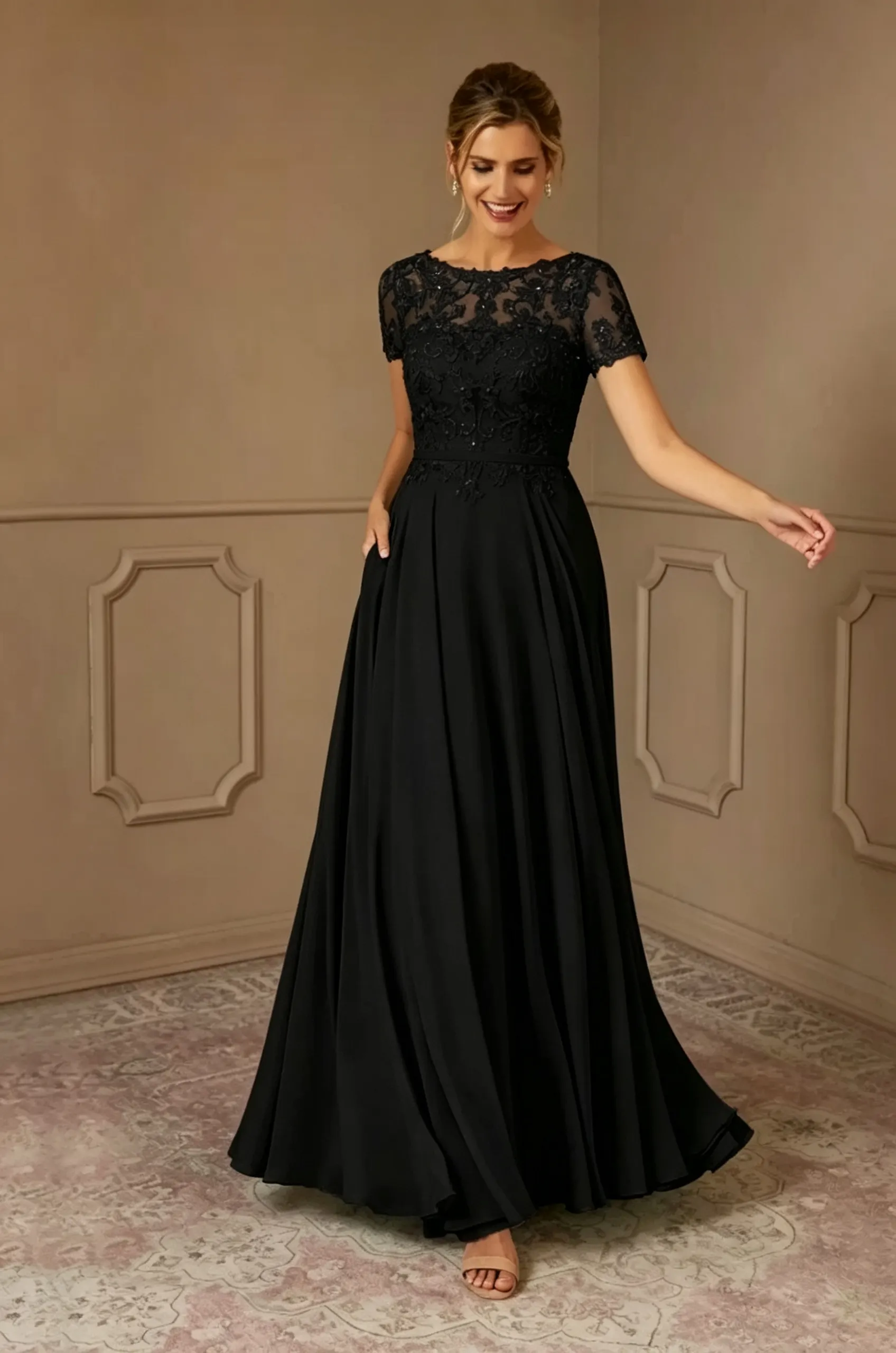 Daisda Chiffon Bateau Neck Short Sleeves Long A-Line Mother Of The Bride Dress With Appliques