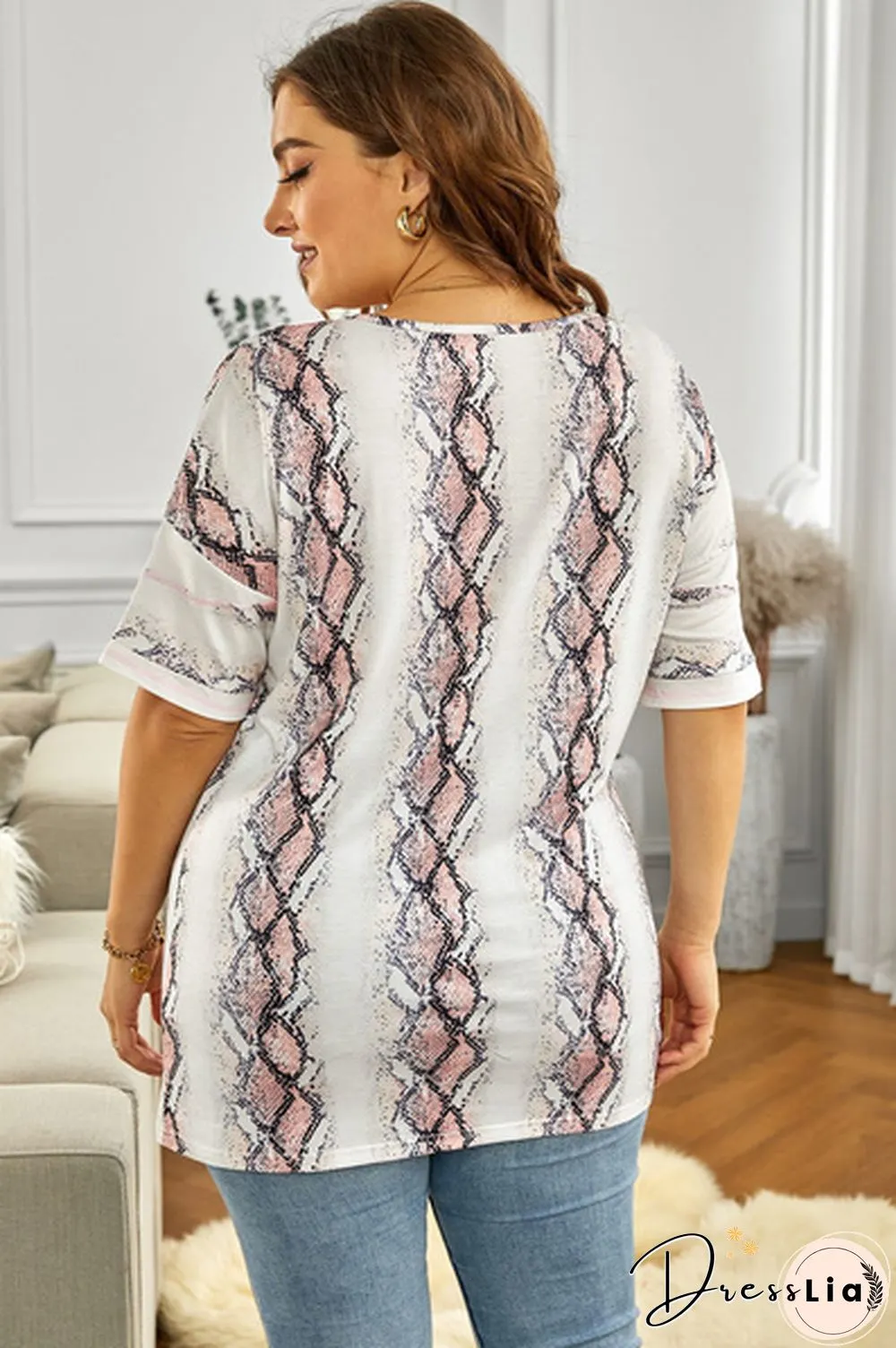 Women's Casual Plus Size Pattern Print Blouse Summer Crewneck Short Sleeve T-Shirt Tops
