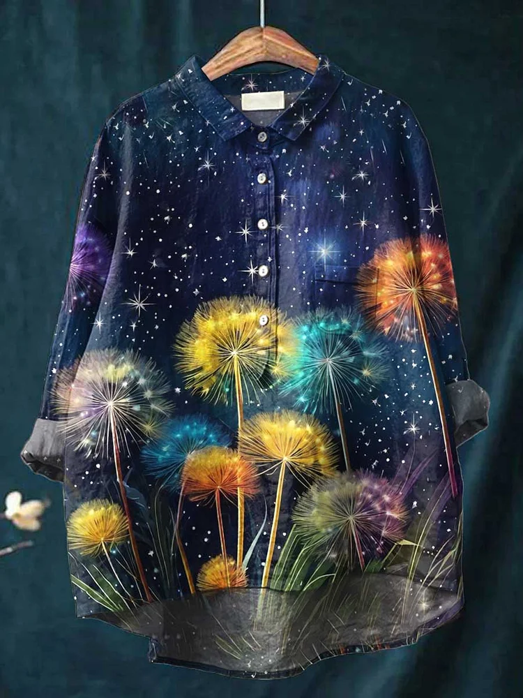 WomenS Art Dandelion Flower Casual Cotton And Linen Shirt