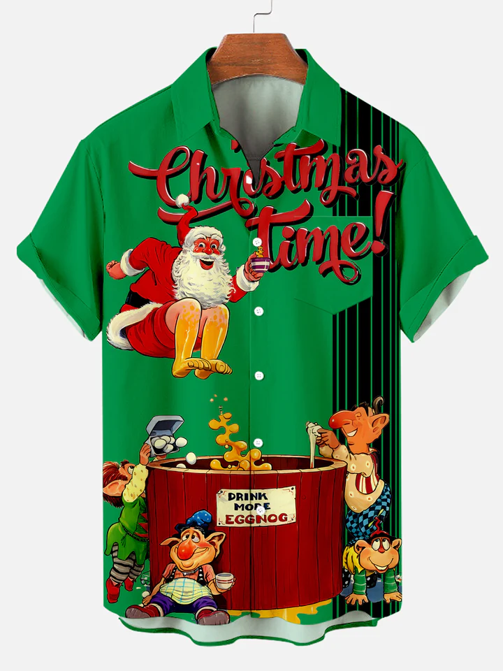 Men's Classic Christmas Santa Claus & Eggnog Print Shirt
