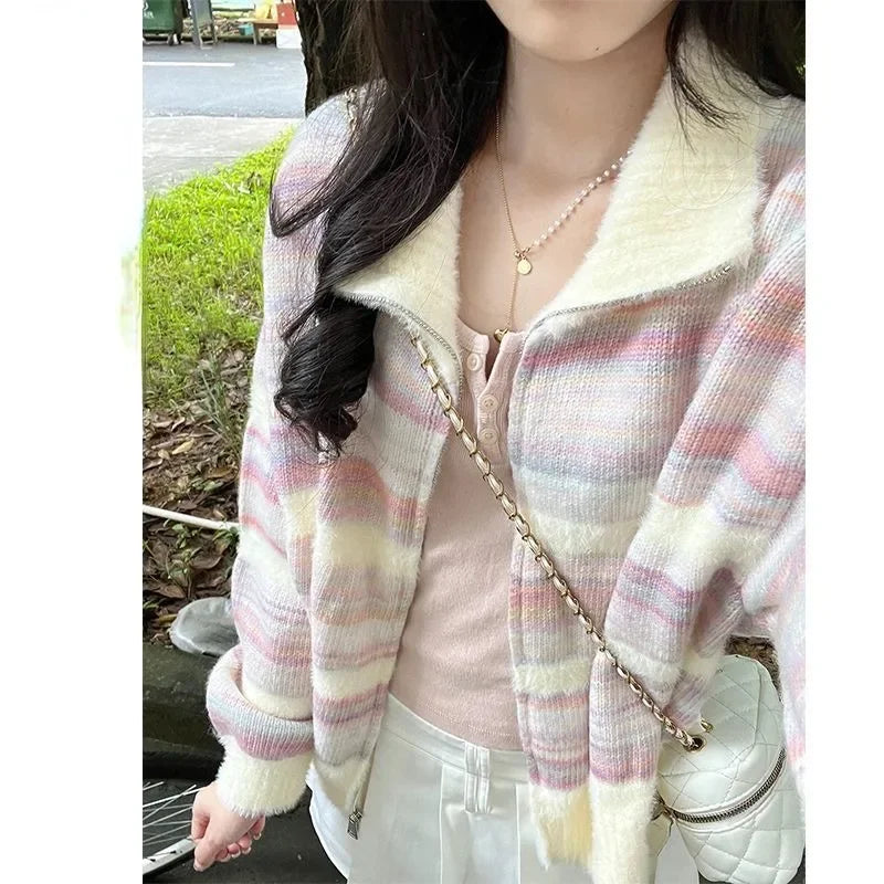 Autumn Chic Fashion Rainbow Striped Turn Down Collar Women Sweater Contrast Color Sweet Knitted Cardigan Tops Mujer Aiertu