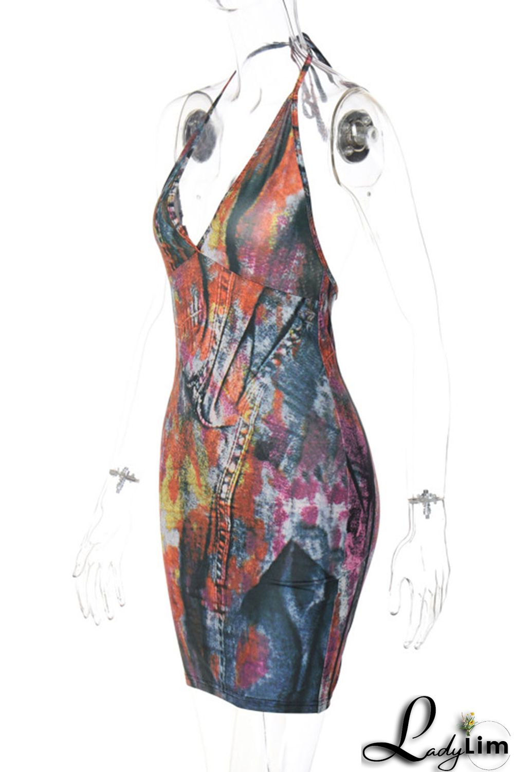 Blue Sexy Print Patchwork Halter Pencil Skirt Dresses