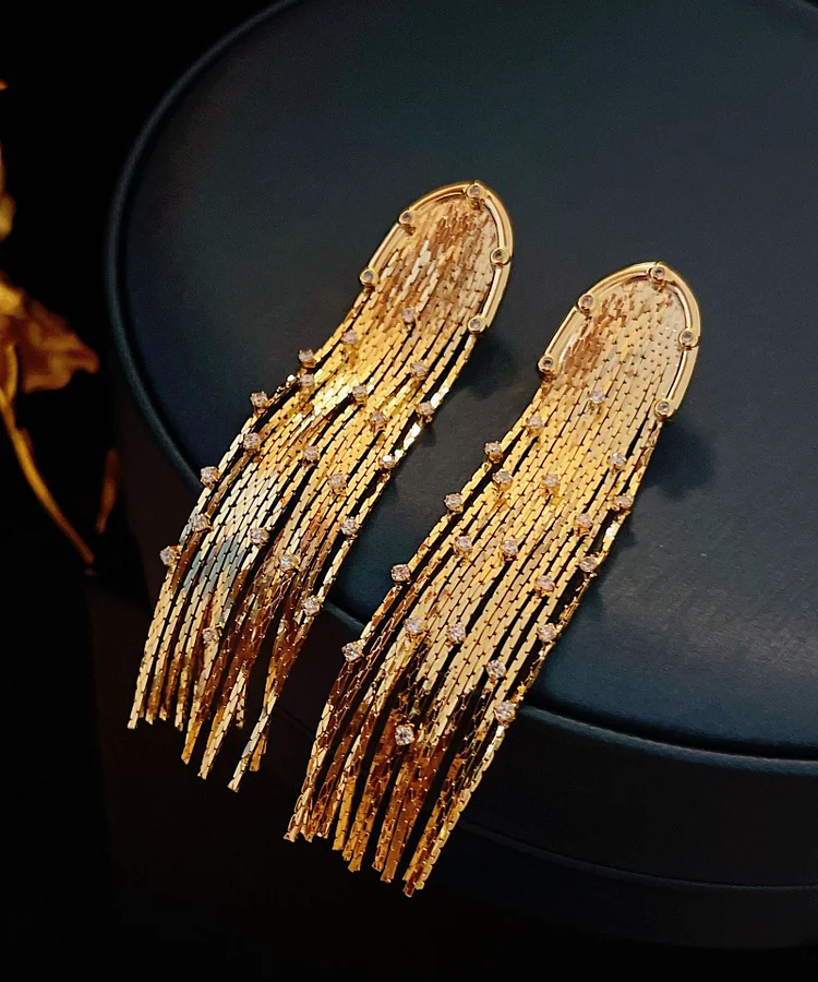 Modern Gold Sterling Silver Overgild Zircon Tassel Drop Earrings