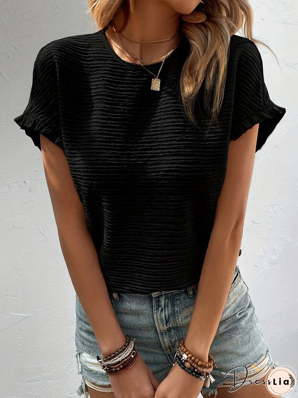 Elegant Black Textured Ruffle Sleeve Blouse