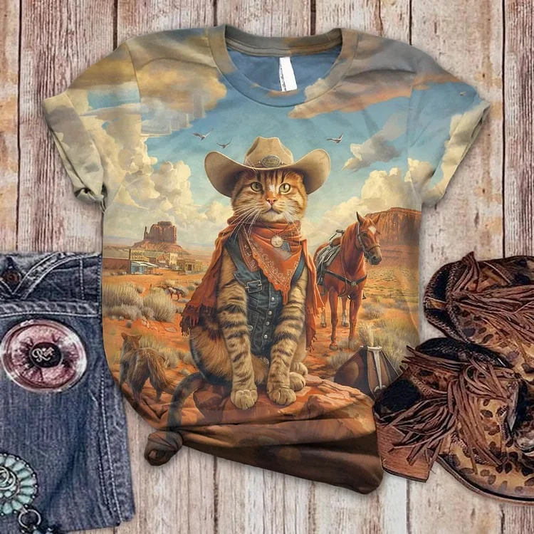 Cute Western Cowboy Cat Print Casual T-shirt