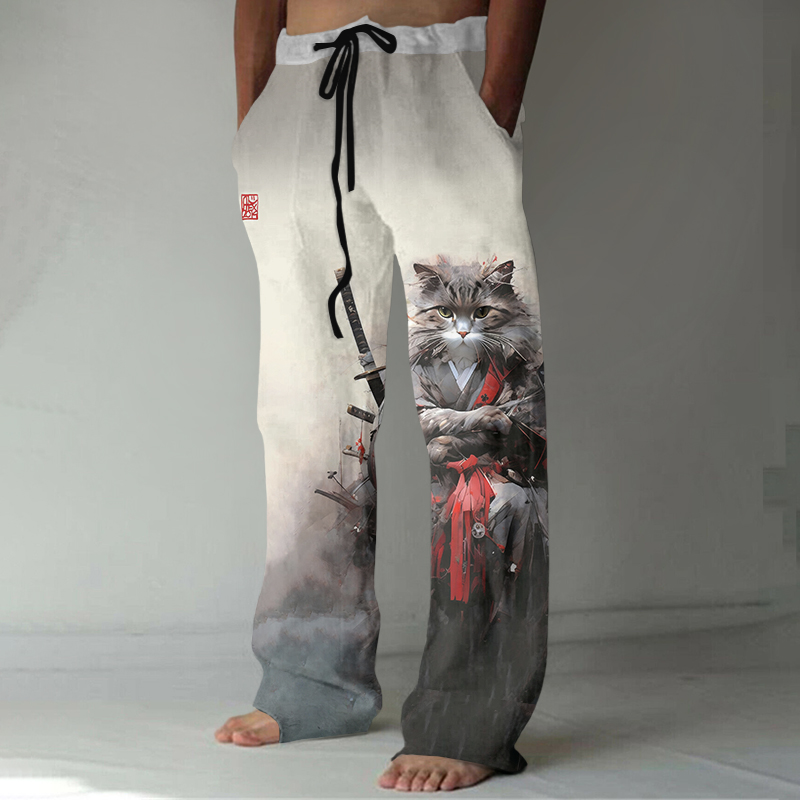Comstylish Japanese Cat Kimono Samurai Ink Art Linen Blend Cozy Pants