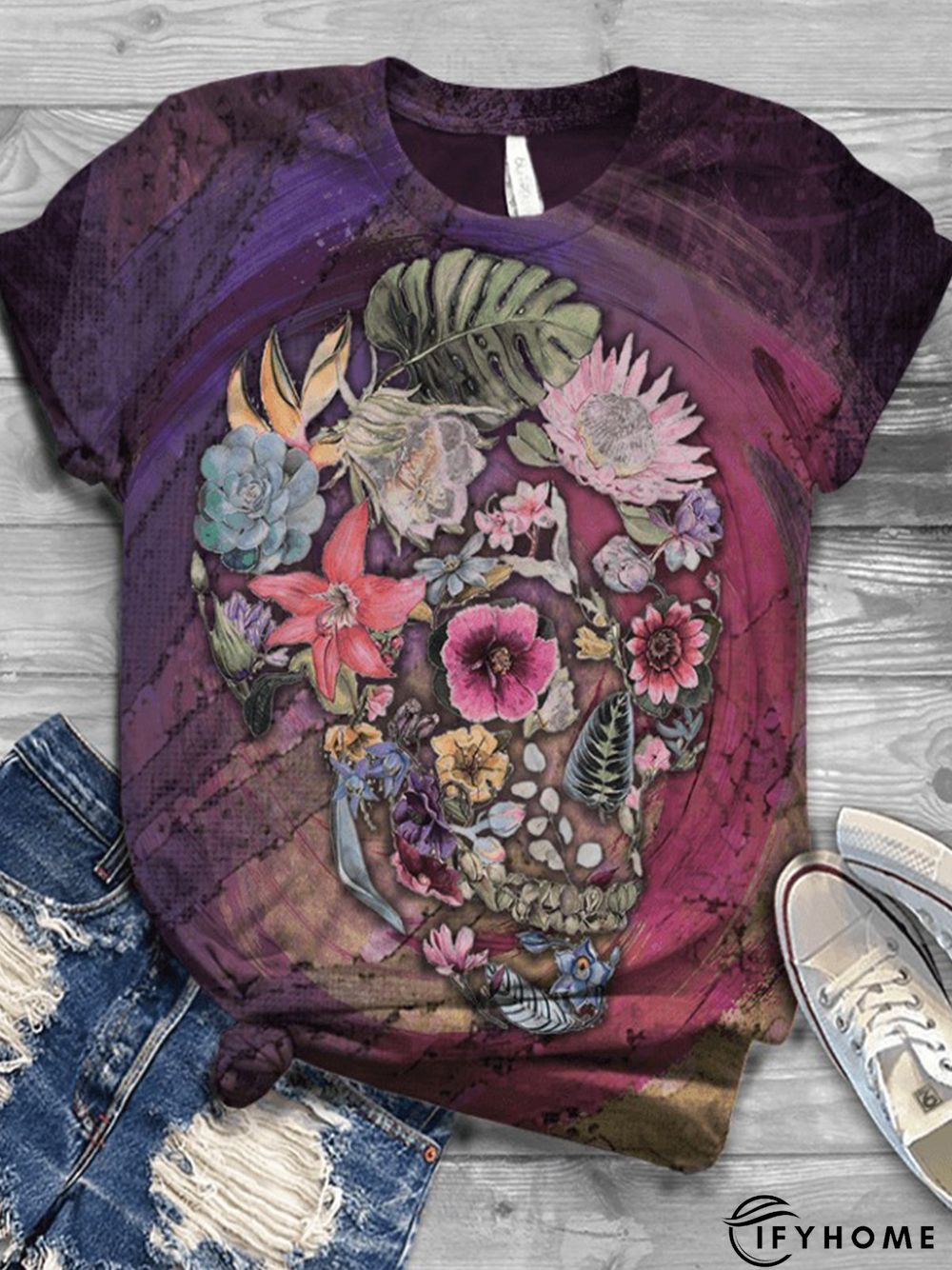 Plus Size Floral Short Sleeve Cotton-Blend T-shirt | IFYHOME