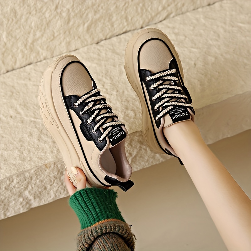 Lightweight and Versatile Women's Platform Sneakers: All-Season Faux Leather Low Top Trainers with Lace-Up Closure, Round Toe Comfort and All-Match Style, Ideal for Skating or Casual Wear