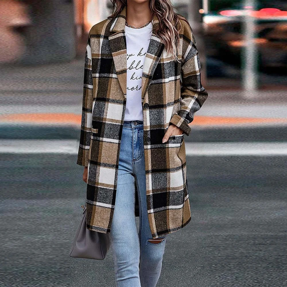 Smiledeer Autumn and winter new women's lapel pocket plaid wool coat