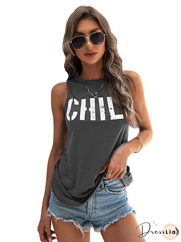 Loose Fit Women'S Slogan Printed Sleeveless Top