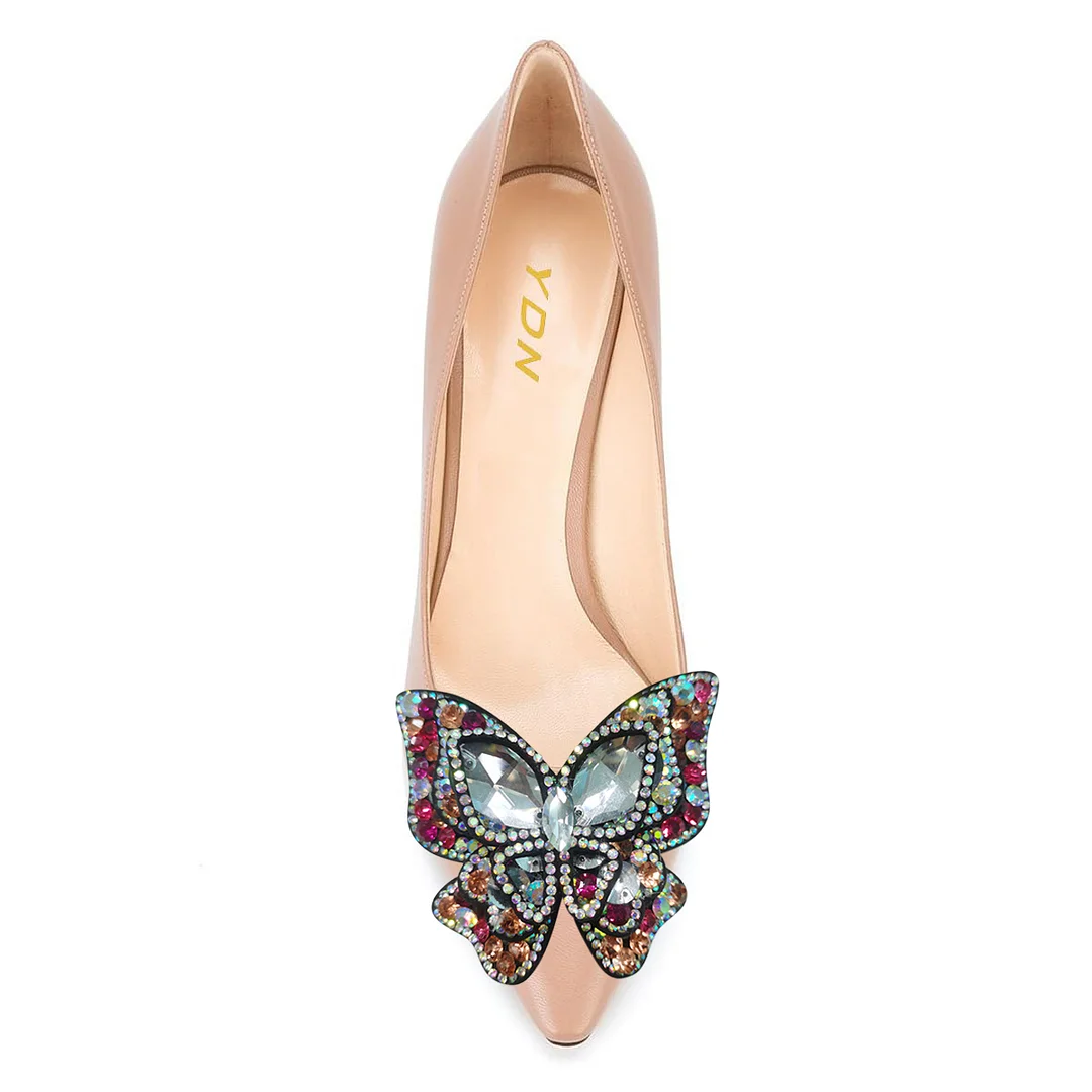 Nude Vegan Leather Pumps with Colorful Rhinestone Butterfly Inlay 