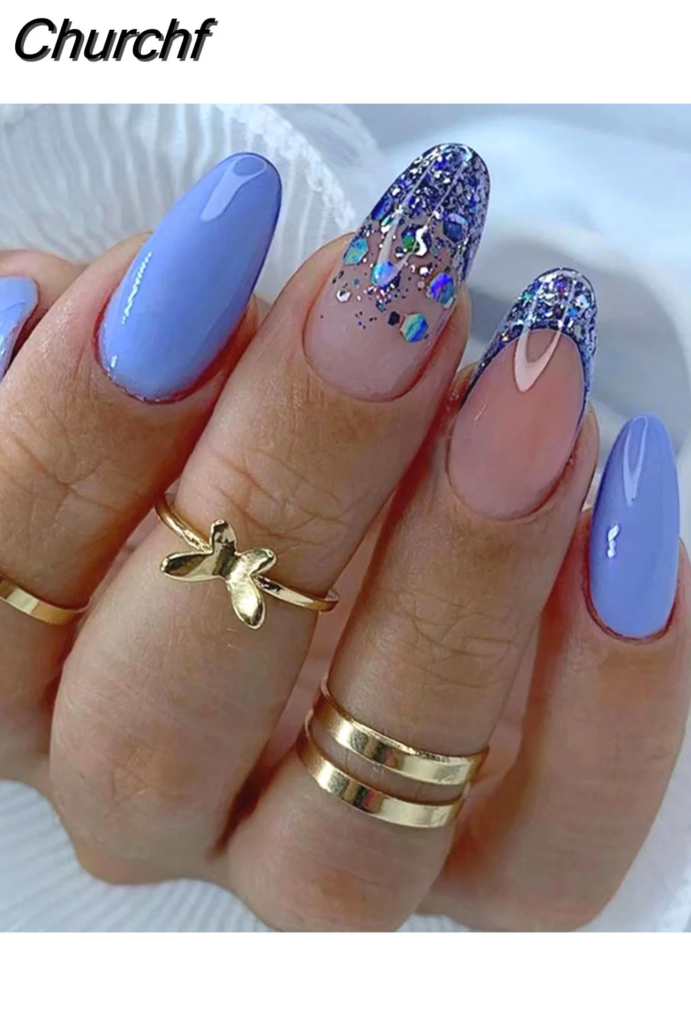 Churchf Almond False Nails Press On Nails Detachable Fake Nail Tip gold heart with Design Manicure Patches Press On Nails-Nail Inspo