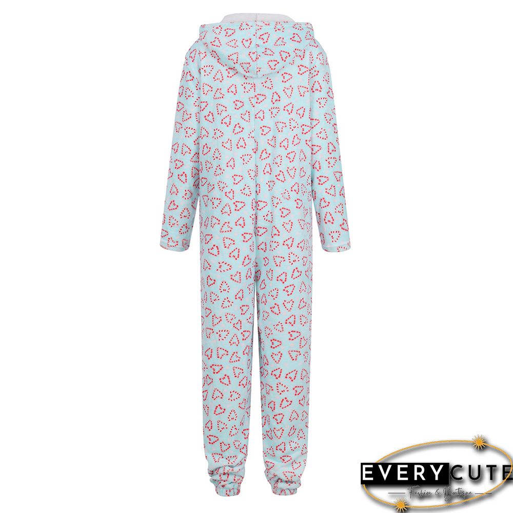 Light Blue Christmas Printed Hooded Zipper Lounge Jumpsuit