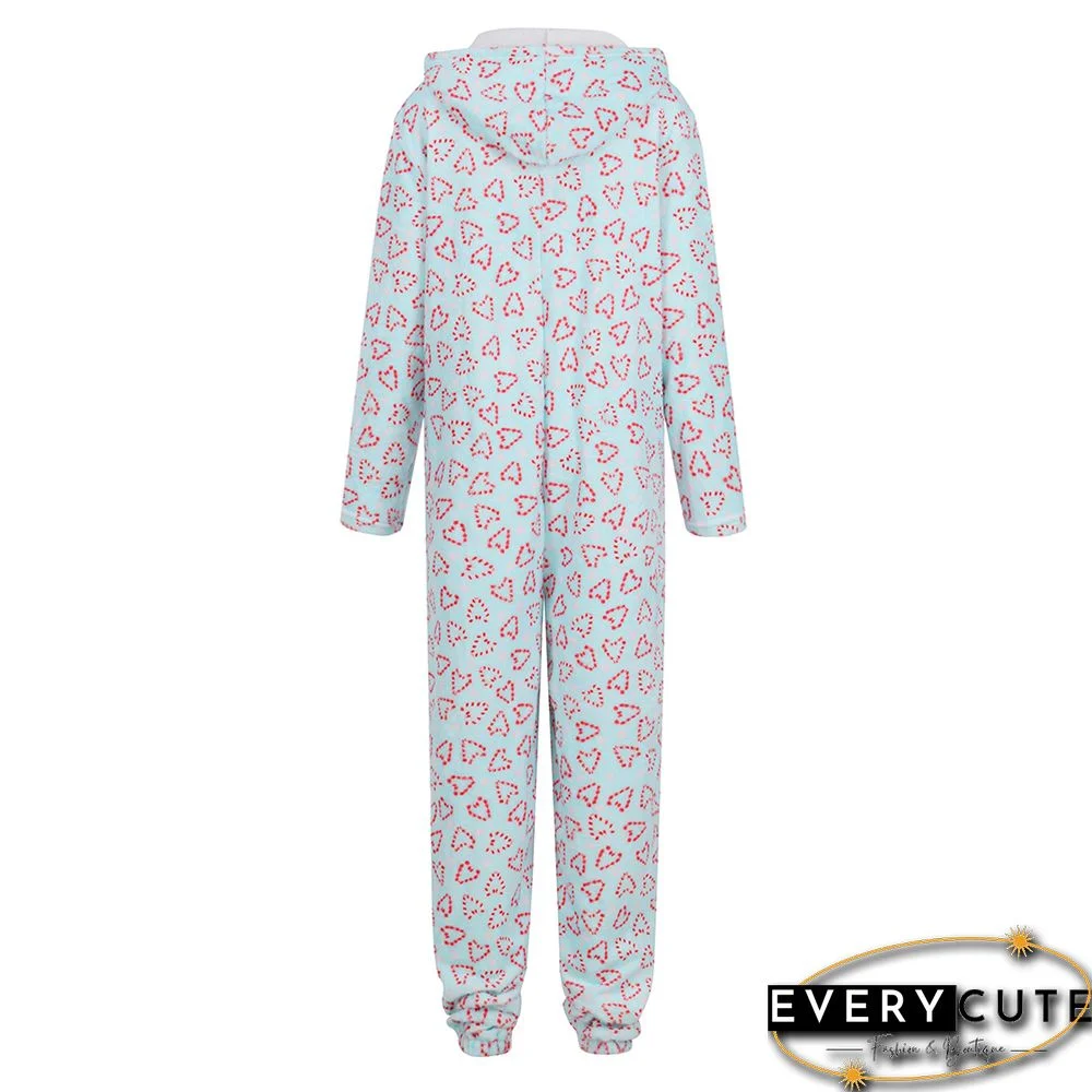 Light Blue Christmas Printed Hooded Zipper Lounge Jumpsuit