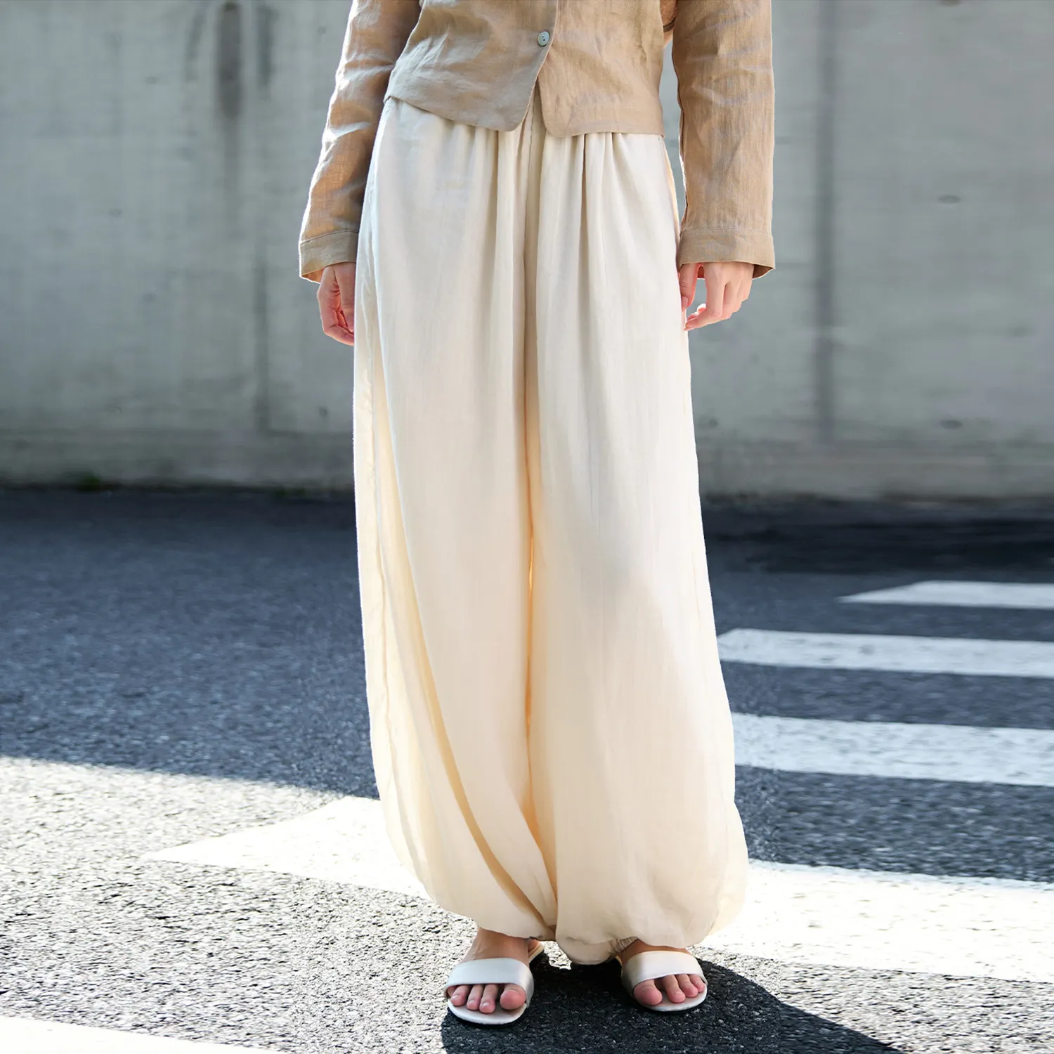 Women's Ramie Wide Leg Pants High-Waisted Elastic Waist REAL SILK LIFE