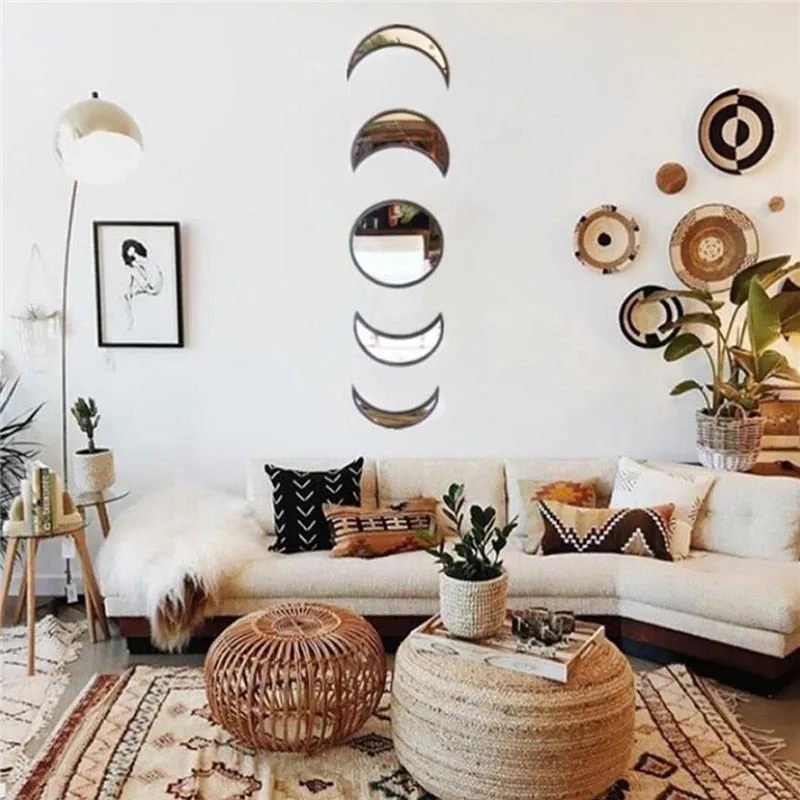 5 PCS Wooden Acrylic Moon Wall Decorative Mirror Moon Cycle Variation Decorative Wall Mirror Creative Bohemian Mirror 124