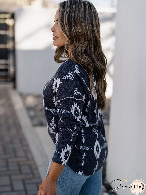 Printed Slim V-Neck Buttoned Long Sleeve Blouse