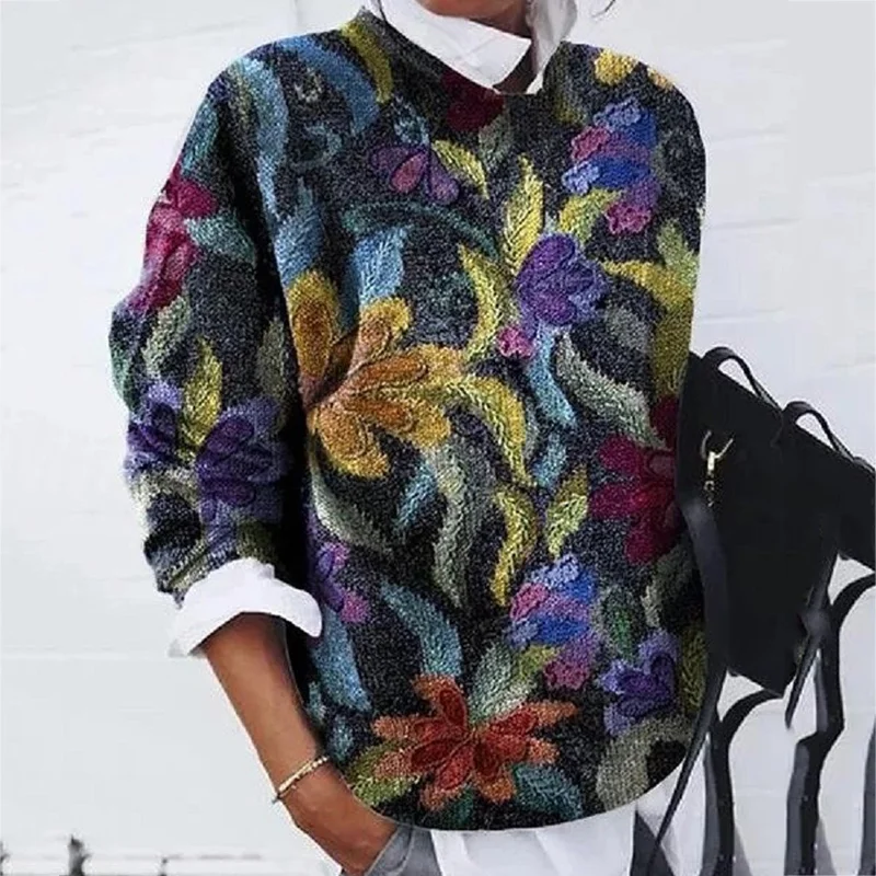 Vintage Milled Floral Print Loose Long Sleeve Sweater