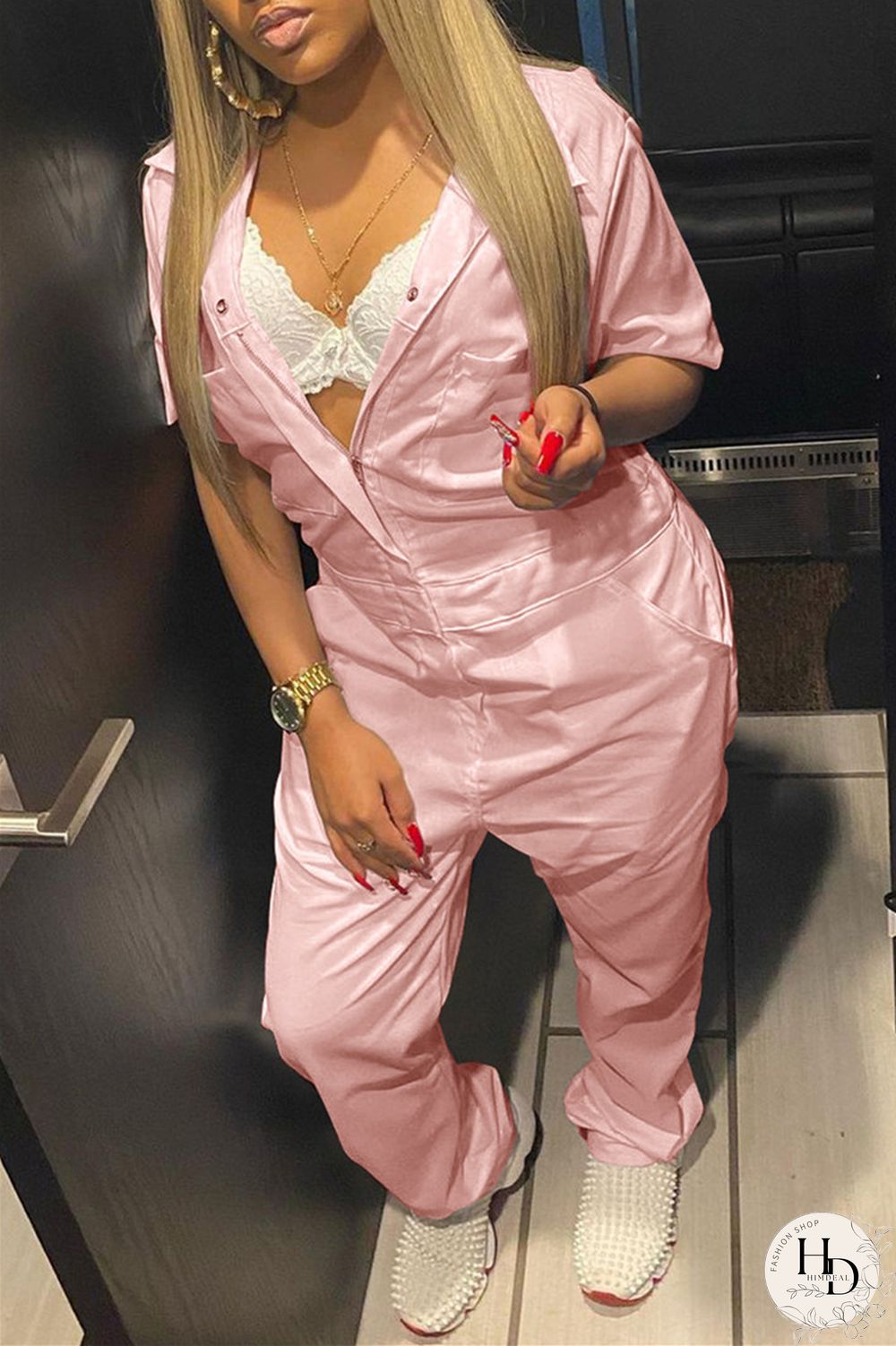 Grey Fashion Casual Solid Basic Turndown Collar Regular Jumpsuits