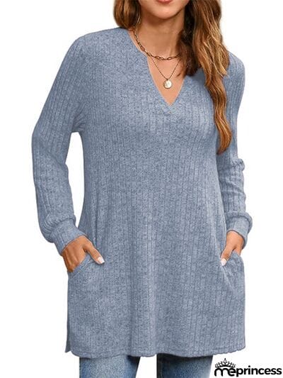 Slit Notched Pocketed Long Sleeve T-Shirt