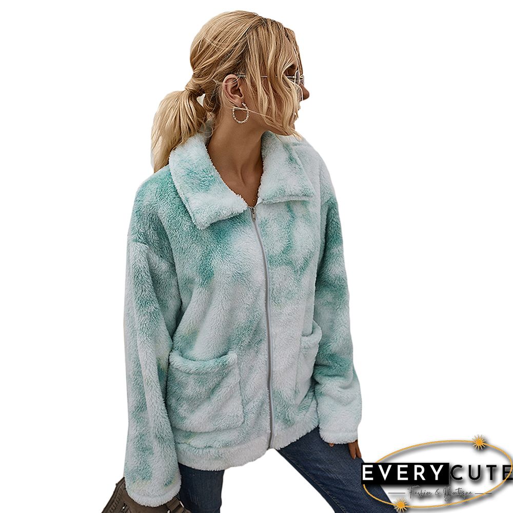 Light Green Tie Dye Zippered Furry Jacket