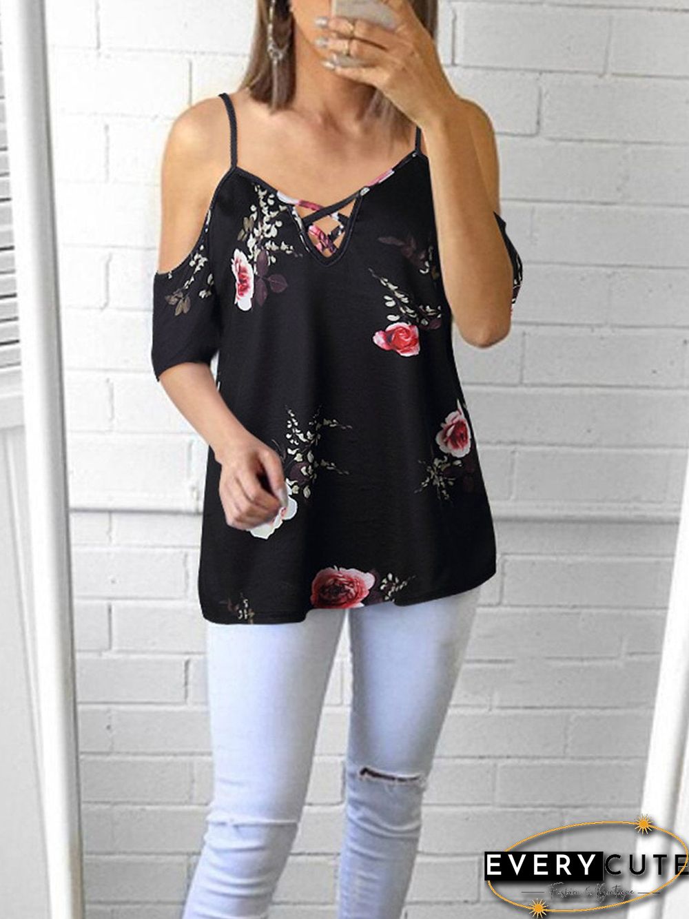 Cold Shoulder Straps Short Sleeves Floral T-Shirt Top