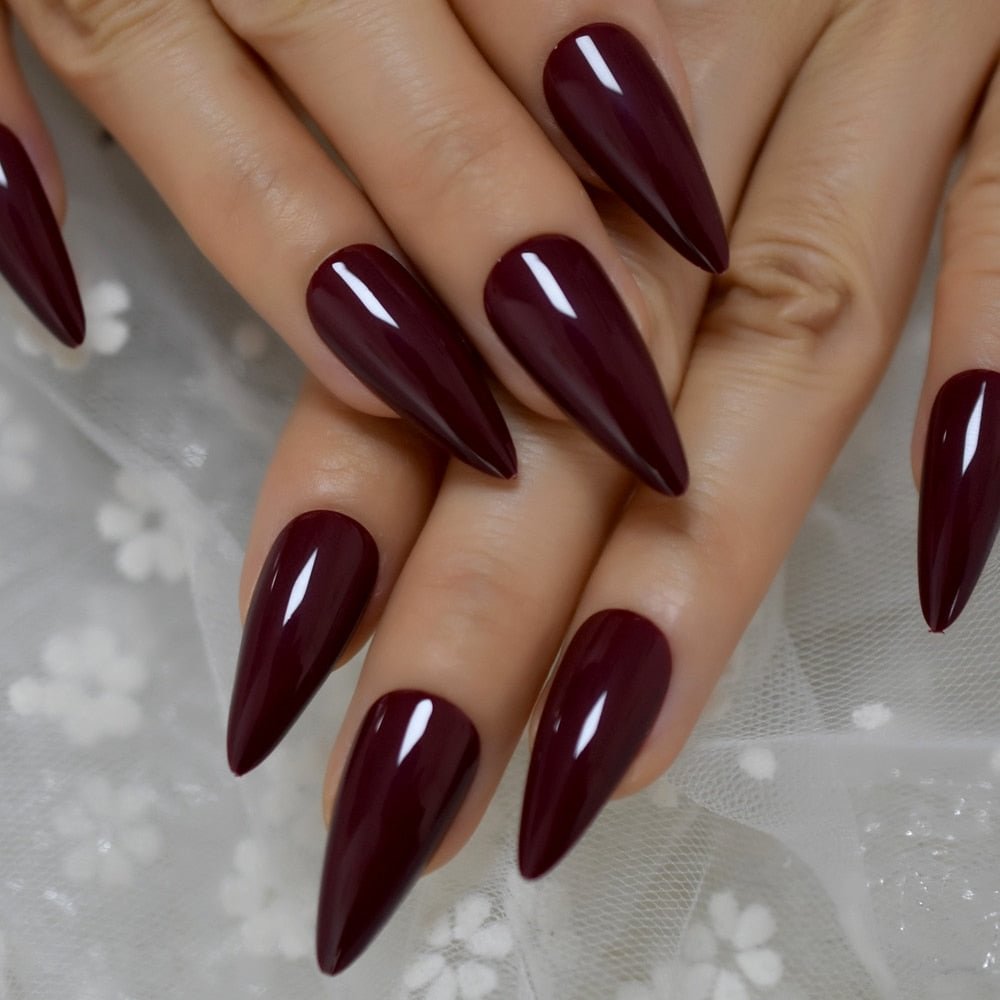 Maroon Red Gel Fantasy False Nails Almond Pointed Dark Sexy False Nails Medium Long Size Stiletto Tips with Glue Sticker