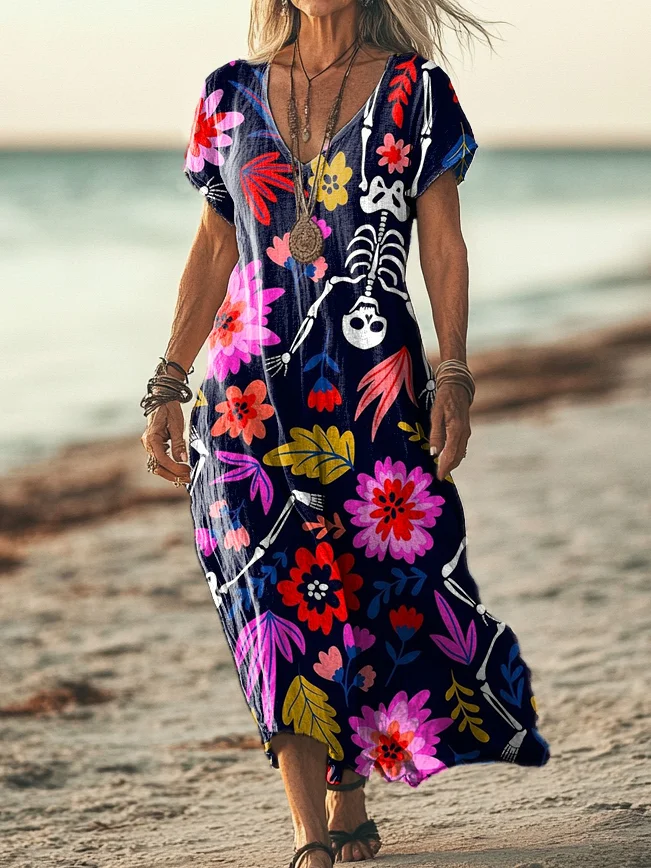 Women's Colorful Skeleton & Flower Print Pocket Cotton Dress