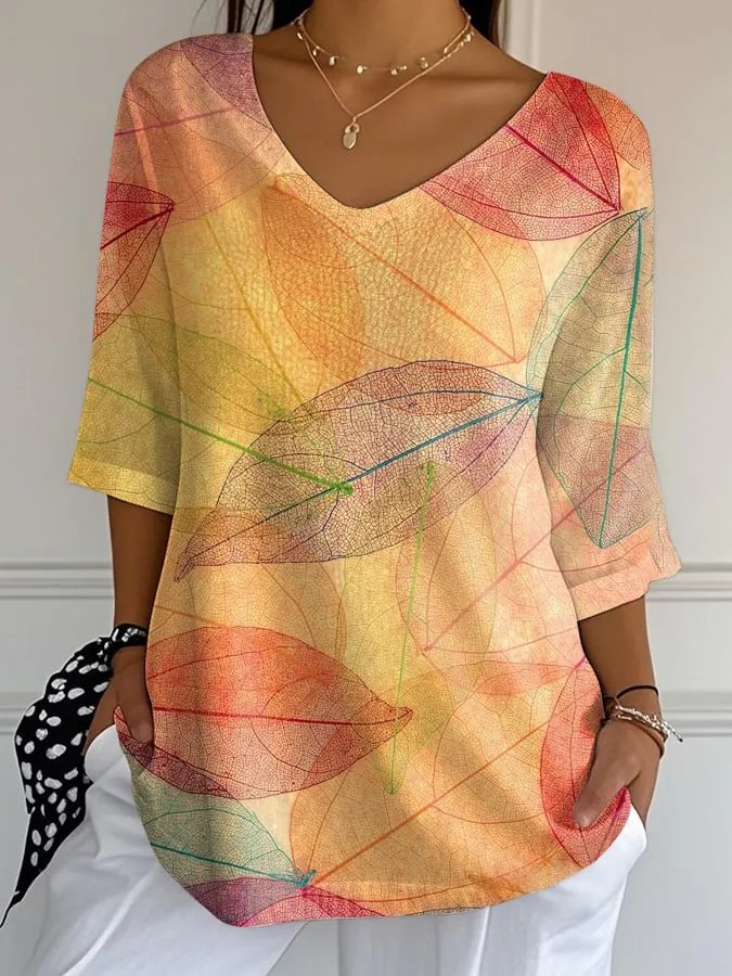 Women's Fall Leaf Print Casual T-Shirt 