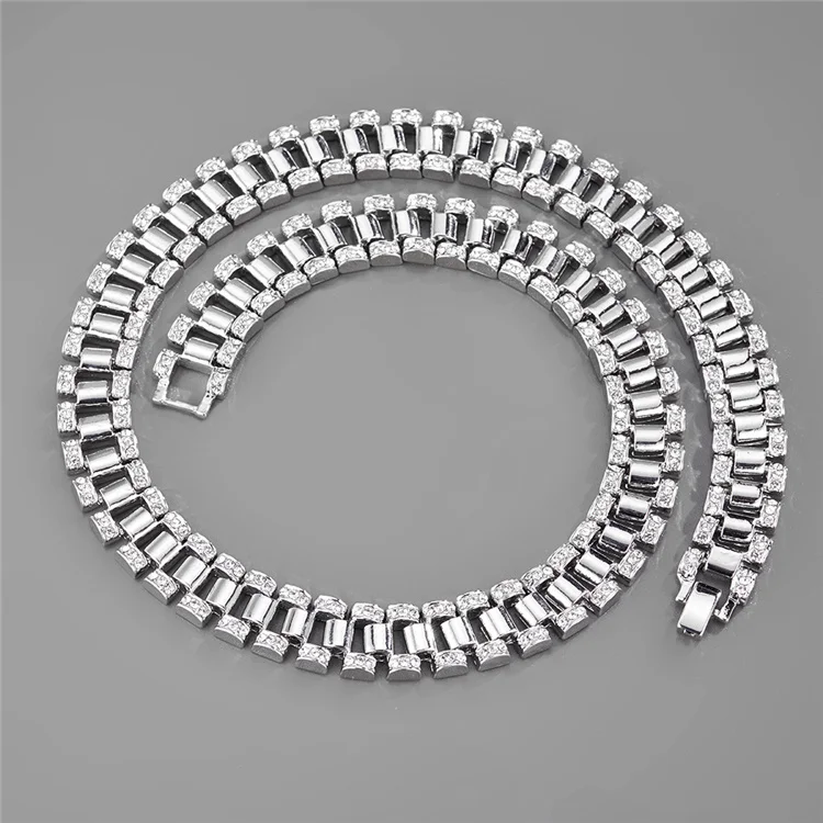 14MM Hip Hop Silver Watch Chain Rhinestones Men Necklace-VESSFUL