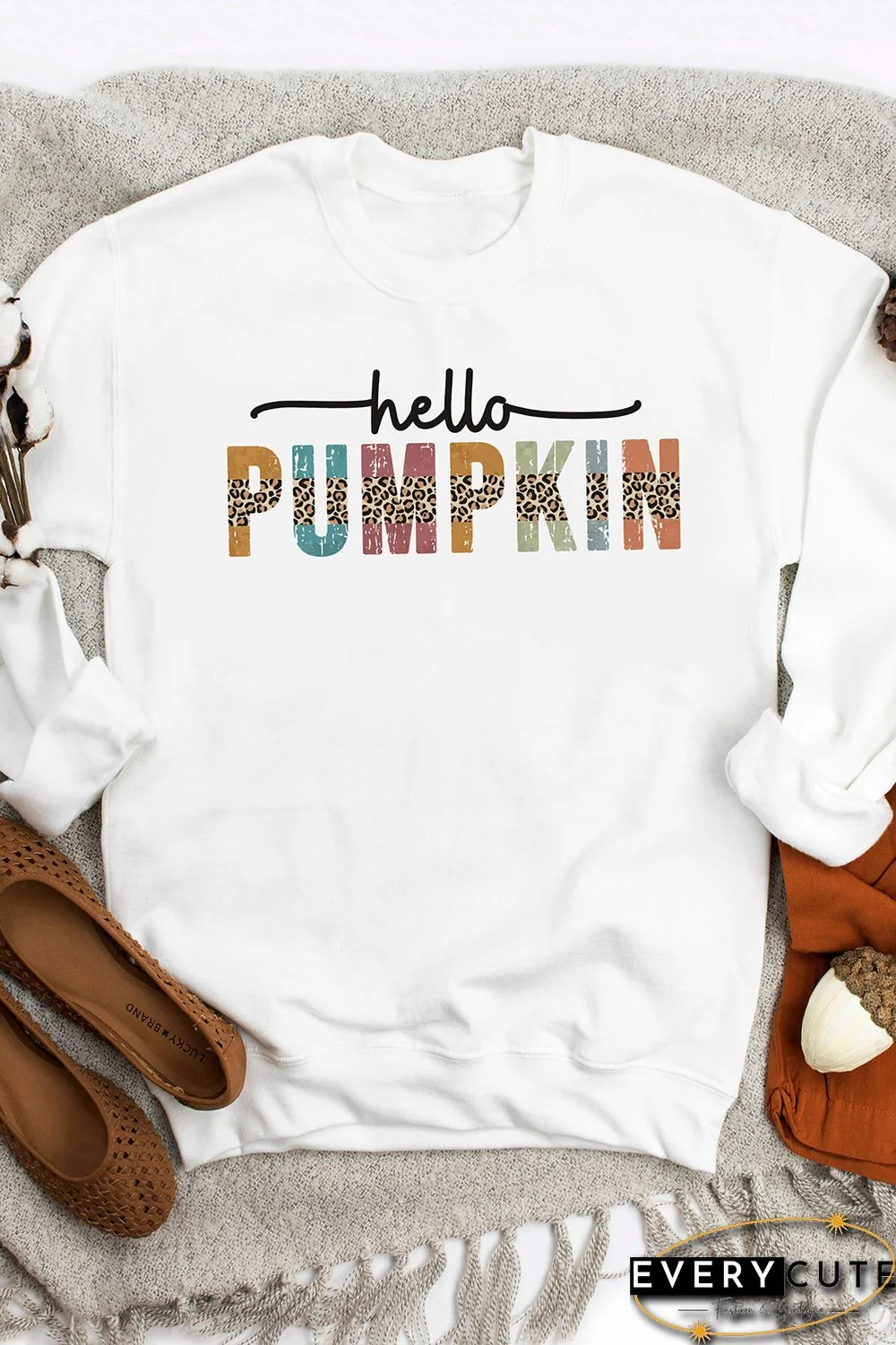 White Hello PUMPKIN Leopard Contrast Print Graphic Sweatshirt